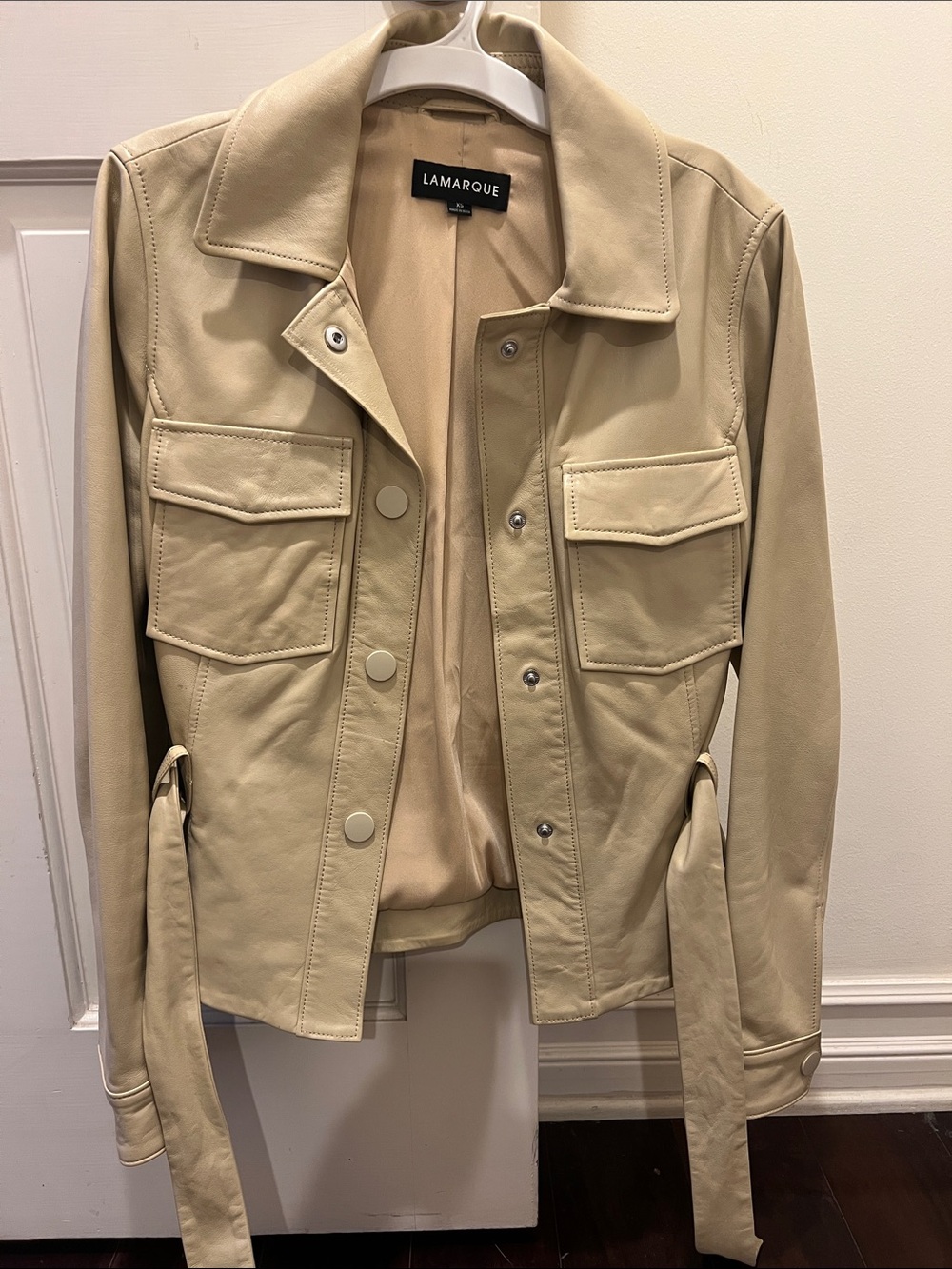 LAMARQUE Cream Leather Utility Jacket with Waist Ties